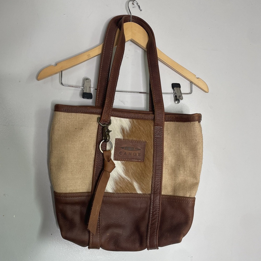 Large leather beautifully crafted Leather Cowhide Canoe purse Tote 13.5x12.5"‎